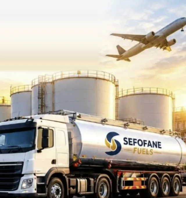 A Sefofane Fuels tanker in front of storage tanks at sunrise